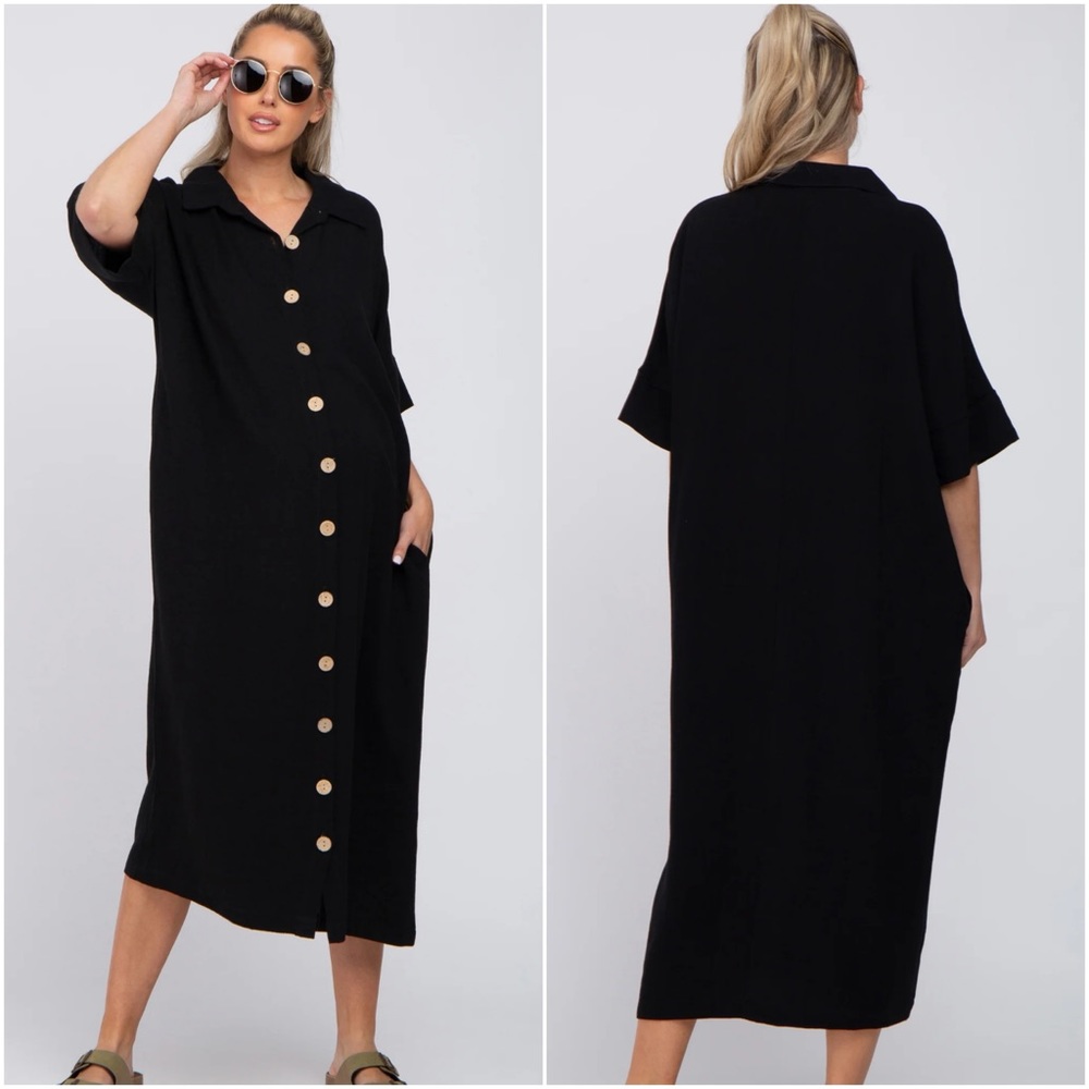 Black Oversized Button Down Maternity Midi Dress - image 1